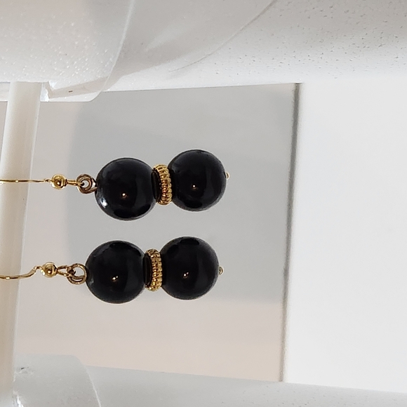 Hand Crafted Elegant Black and Gold Earrings Beaded Pierced - Picture 7 of 7
